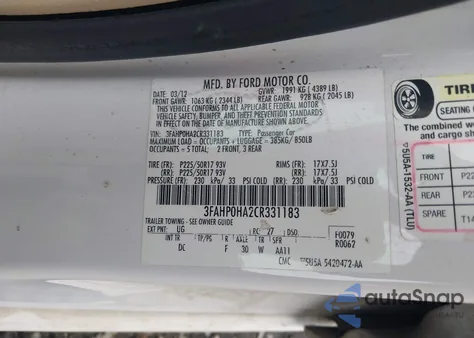 2012 Ford Fusion Se from USA, damaged, VIN 3FAHP0HA2CR331183